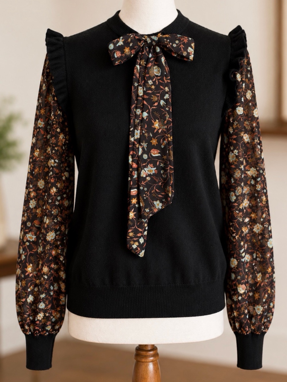 Nanette Lepore Floral Bow Tie Neck Sweater Ruffle Sleeve Size S